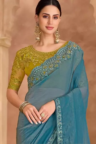 blue embellished embroidered tissue heavy work saree
