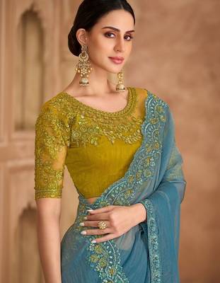 blue embellished embroidered tissue heavy work saree 3