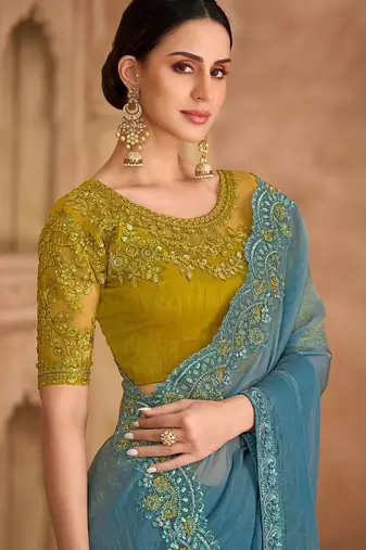 blue embellished embroidered tissue heavy work saree