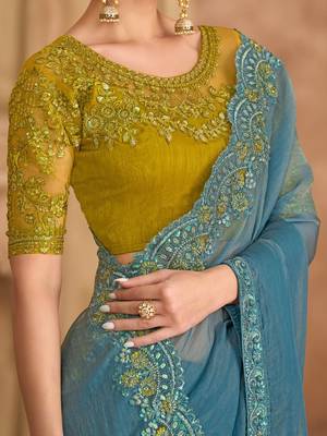 blue embellished embroidered tissue heavy work saree 4