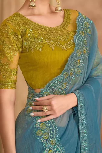 blue embellished embroidered tissue heavy work saree