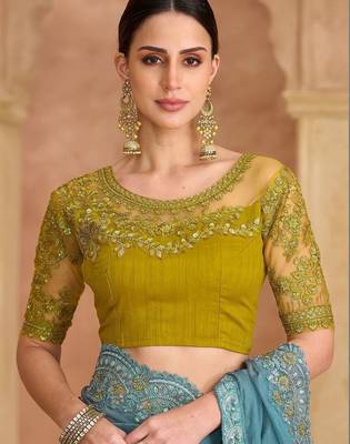 blue embellished embroidered tissue heavy work saree 5