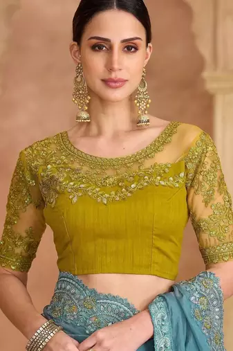 blue embellished embroidered tissue heavy work saree