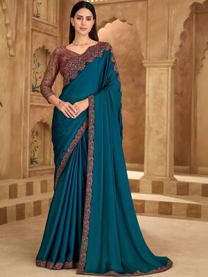 teal embellished embroidered satin heavy work saree 1