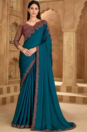 teal embellished embroidered satin heavy work saree