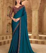 teal embellished embroidered satin heavy work saree