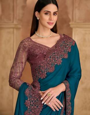 teal embellished embroidered satin heavy work saree 2