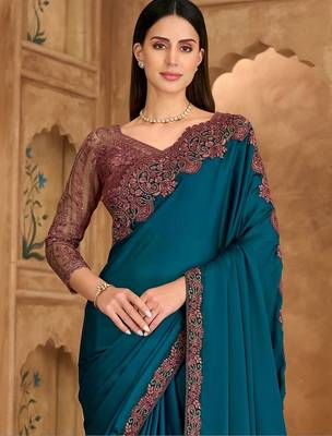 teal embellished embroidered satin heavy work saree 3