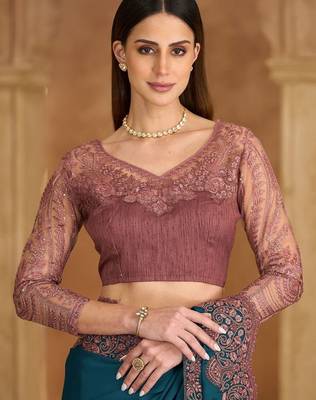 teal embellished embroidered satin heavy work saree 5