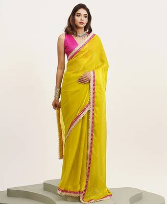 yellow embellished sequinned pure chiffon saree 1