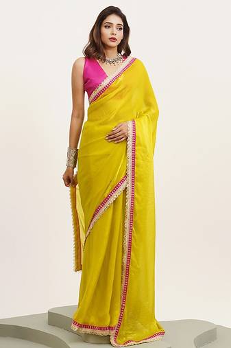 yellow embellished sequinned pure chiffon saree