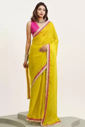 yellow embellished sequinned pure chiffon saree