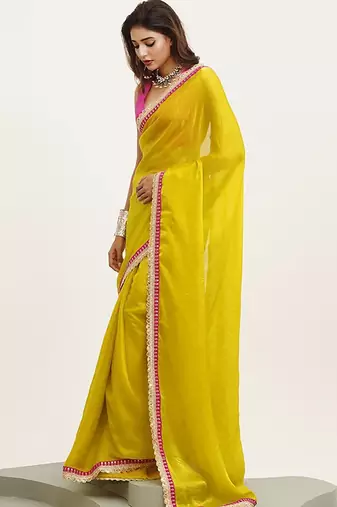 yellow embellished sequinned pure chiffon saree