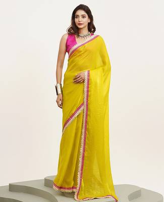 yellow embellished sequinned pure chiffon saree 4
