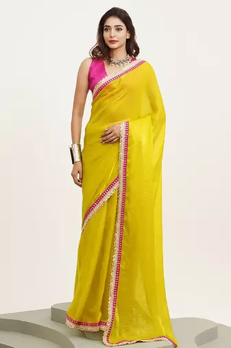 yellow embellished sequinned pure chiffon saree