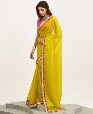 yellow embellished sequinned pure chiffon saree 5