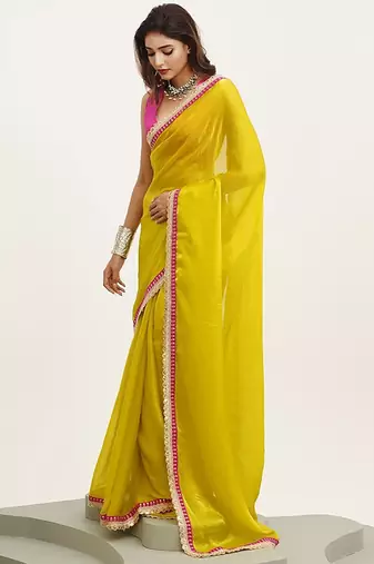 yellow embellished sequinned pure chiffon saree