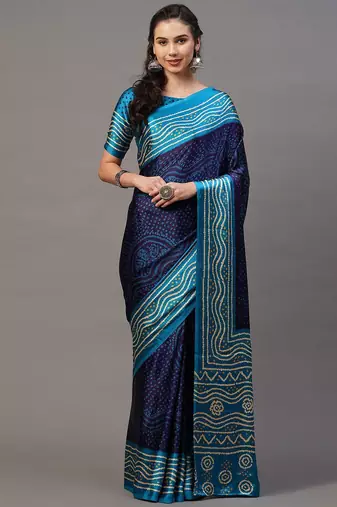 navy_blue navy blue & teal bandhani printed saree