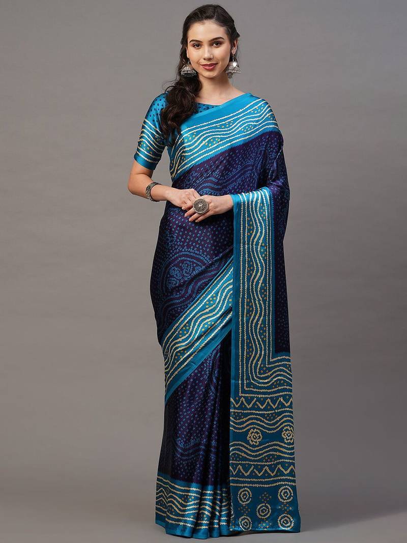 navy_blue navy blue & teal bandhani printed saree