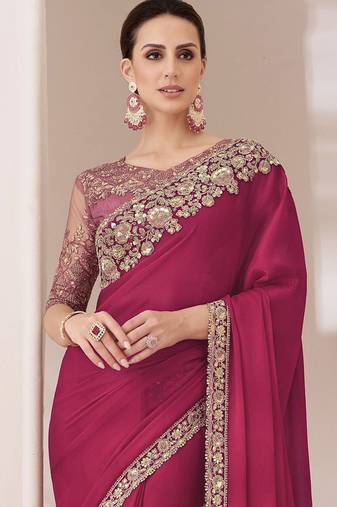 pink sequinned pure chiffon saree