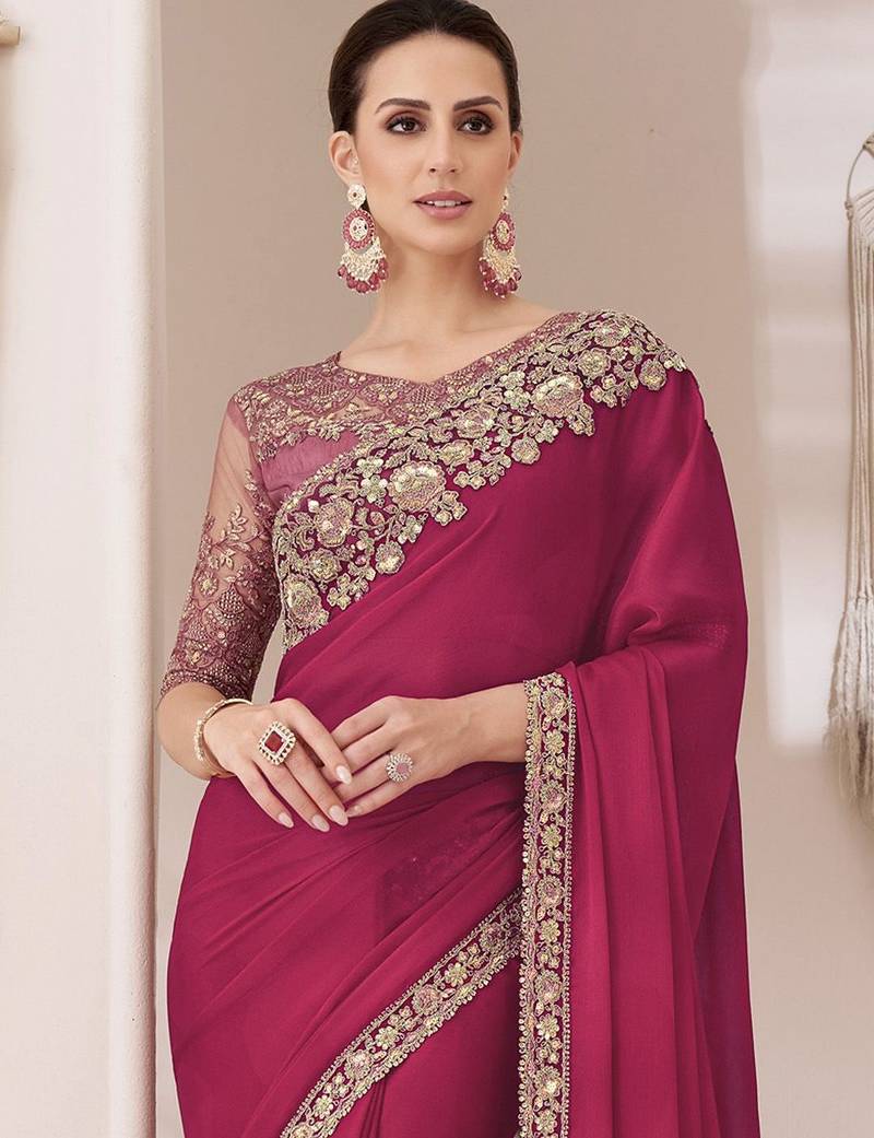 pink sequinned pure chiffon saree