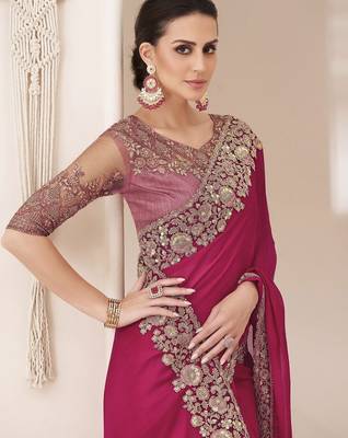 pink sequinned pure chiffon saree 3