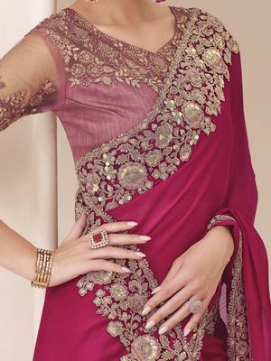 pink sequinned pure chiffon saree 4