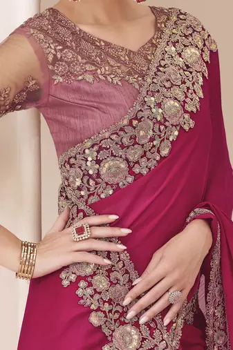 pink sequinned pure chiffon saree