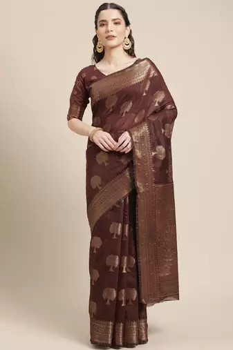 Coral ethnic motifs saree with woven design border