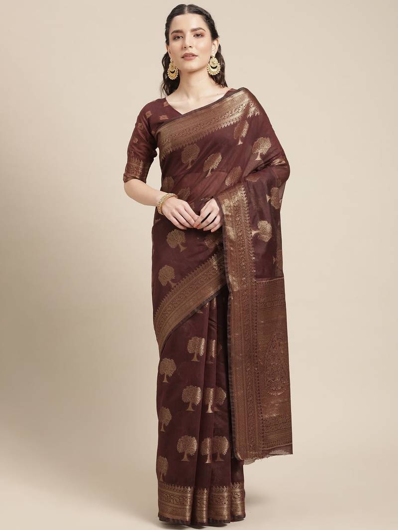 Coral ethnic motifs saree with woven design border