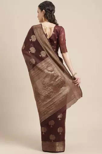 Coral ethnic motifs saree with woven design border
