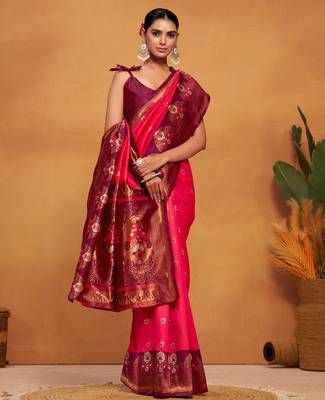 Pink pink woven design banarasi saree 3
