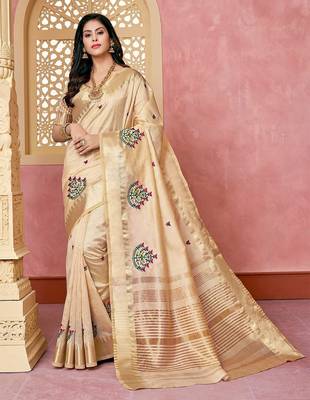 cream cream & pink floral embroidered assam silk cotton banarasi saree 1