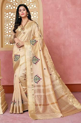 cream cream & pink floral embroidered assam silk cotton banarasi saree
