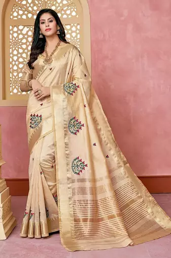 cream cream & pink floral embroidered assam silk cotton banarasi saree