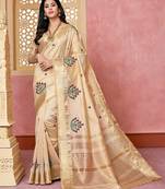 cream cream & pink floral embroidered assam silk cotton banarasi saree
