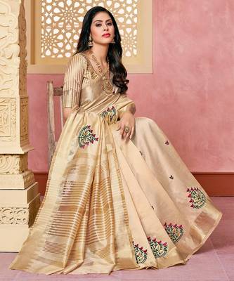 cream cream & pink floral embroidered assam silk cotton banarasi saree 2