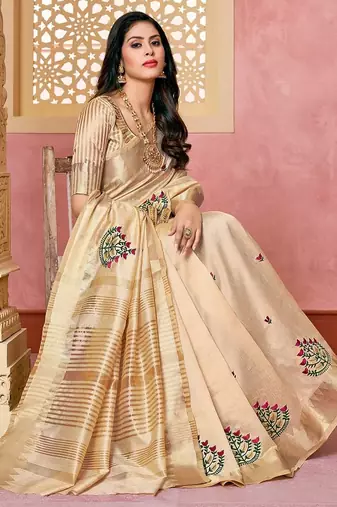 cream cream & pink floral embroidered assam silk cotton banarasi saree