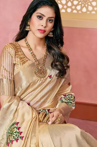 cream cream & pink floral embroidered assam silk cotton banarasi saree