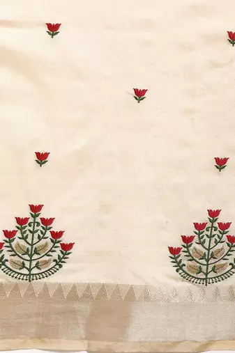 cream cream & pink floral embroidered assam silk cotton banarasi saree