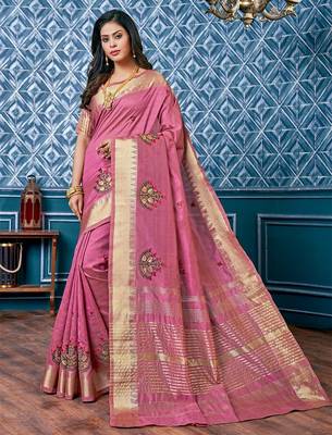 pink pink & gold toned floral embroidered assam silk cotton zari banarasi saree 1