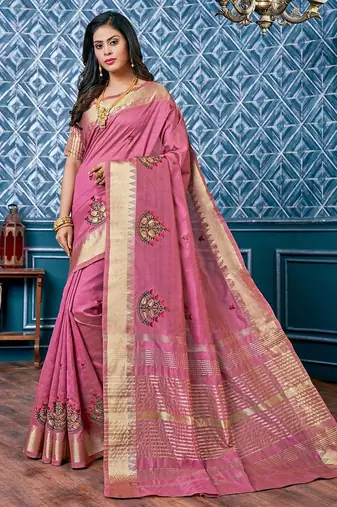 pink pink & gold toned floral embroidered assam silk cotton zari banarasi saree