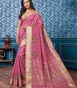 pink pink & gold toned floral embroidered assam silk cotton zari banarasi saree