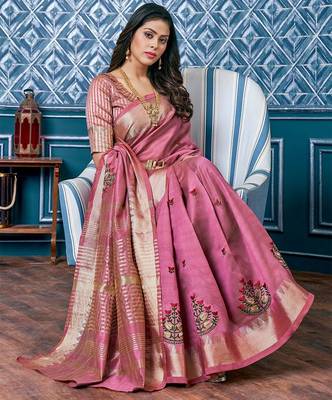 pink pink & gold toned floral embroidered assam silk cotton zari banarasi saree 2