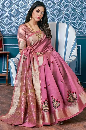 pink pink & gold toned floral embroidered assam silk cotton zari banarasi saree