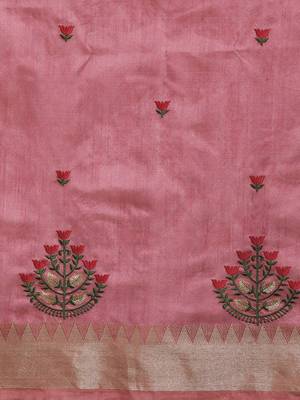pink pink & gold toned floral embroidered assam silk cotton zari banarasi saree 4