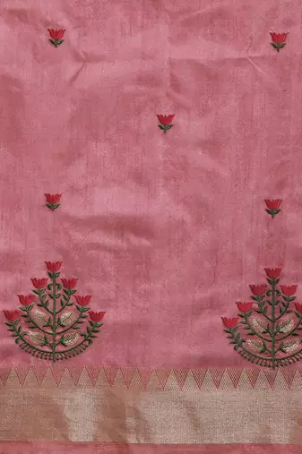 pink pink & gold toned floral embroidered assam silk cotton zari banarasi saree