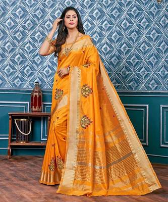 yellow yellow & red floral embroidered assam silk cotton banarasi saree 1