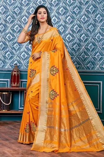 yellow yellow & red floral embroidered assam silk cotton banarasi saree