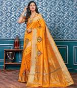 yellow yellow & red floral embroidered assam silk cotton banarasi saree